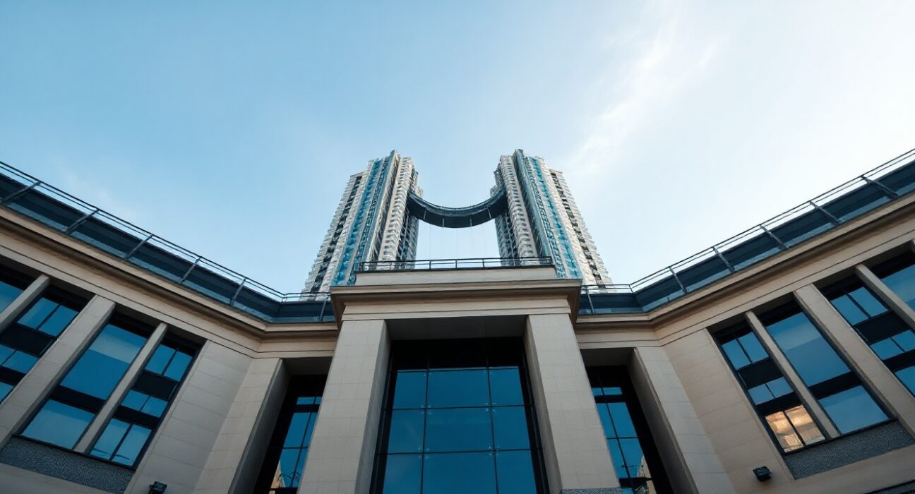European Central Bank headquarters in Frankfurt, Germany, under a clear blue sky.