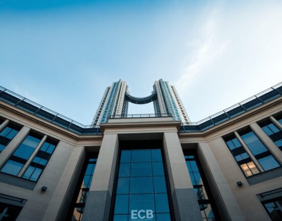 European Central Bank headquarters in Frankfurt, Germany, under a clear blue sky.