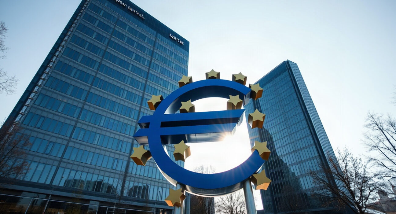 European Central Bank headquarters in Frankfurt with Euro sculpture
