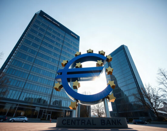 European Central Bank headquarters in Frankfurt with Euro sculpture