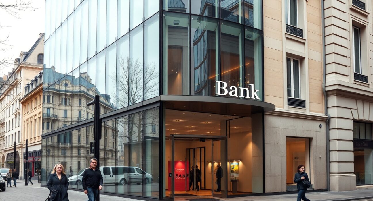 Exterior of a modern European bank building in a financial district on an overcast day.