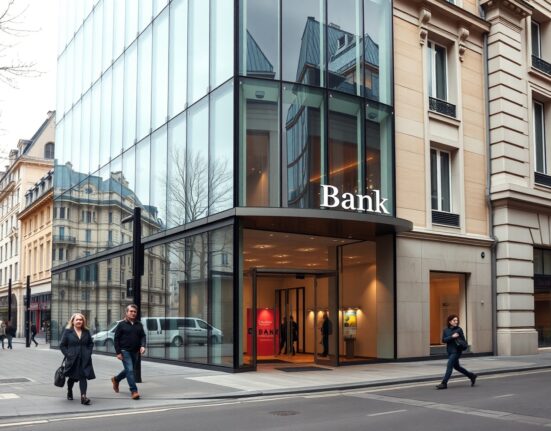Exterior of a modern European bank building in a financial district on an overcast day.