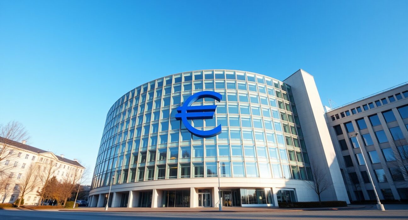 European Central Bank headquarters in Frankfurt with euro symbol under clear sky