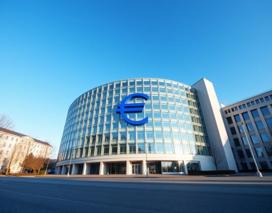 European Central Bank headquarters in Frankfurt with euro symbol under clear sky
