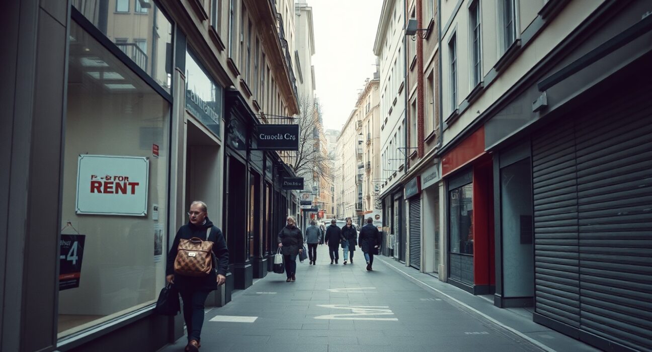 Quiet shopping street in a European city with closed stores and low foot traffic, reflecting weak retail sales data.