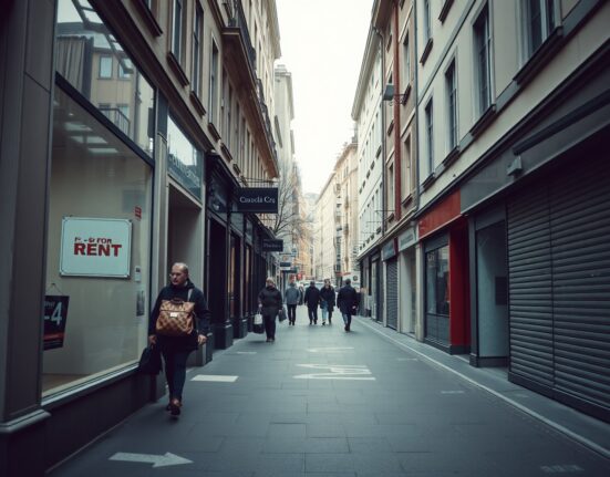 Quiet shopping street in a European city with closed stores and low foot traffic, reflecting weak retail sales data.