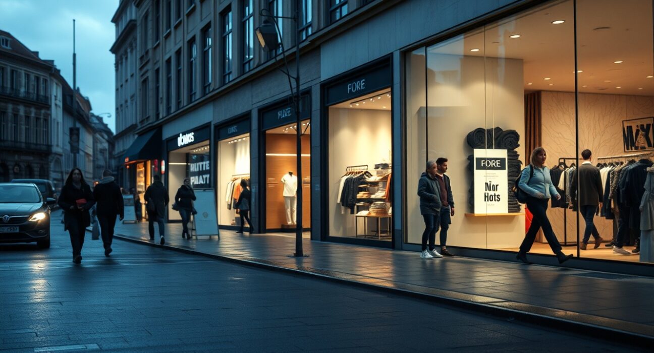 A quiet European retail street scene reflecting cautious consumer spending in the Eurozone.