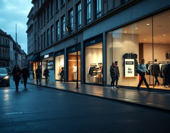 A quiet European retail street scene reflecting cautious consumer spending in the Eurozone.