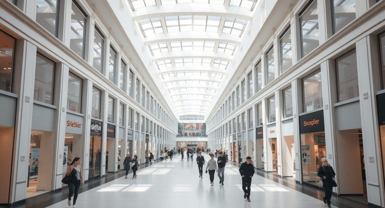 Subdued activity in a European shopping mall reflecting cautious consumer spending and the Eurozone retail sales drop.