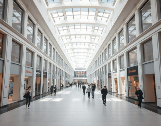 Subdued activity in a European shopping mall reflecting cautious consumer spending and the Eurozone retail sales drop.