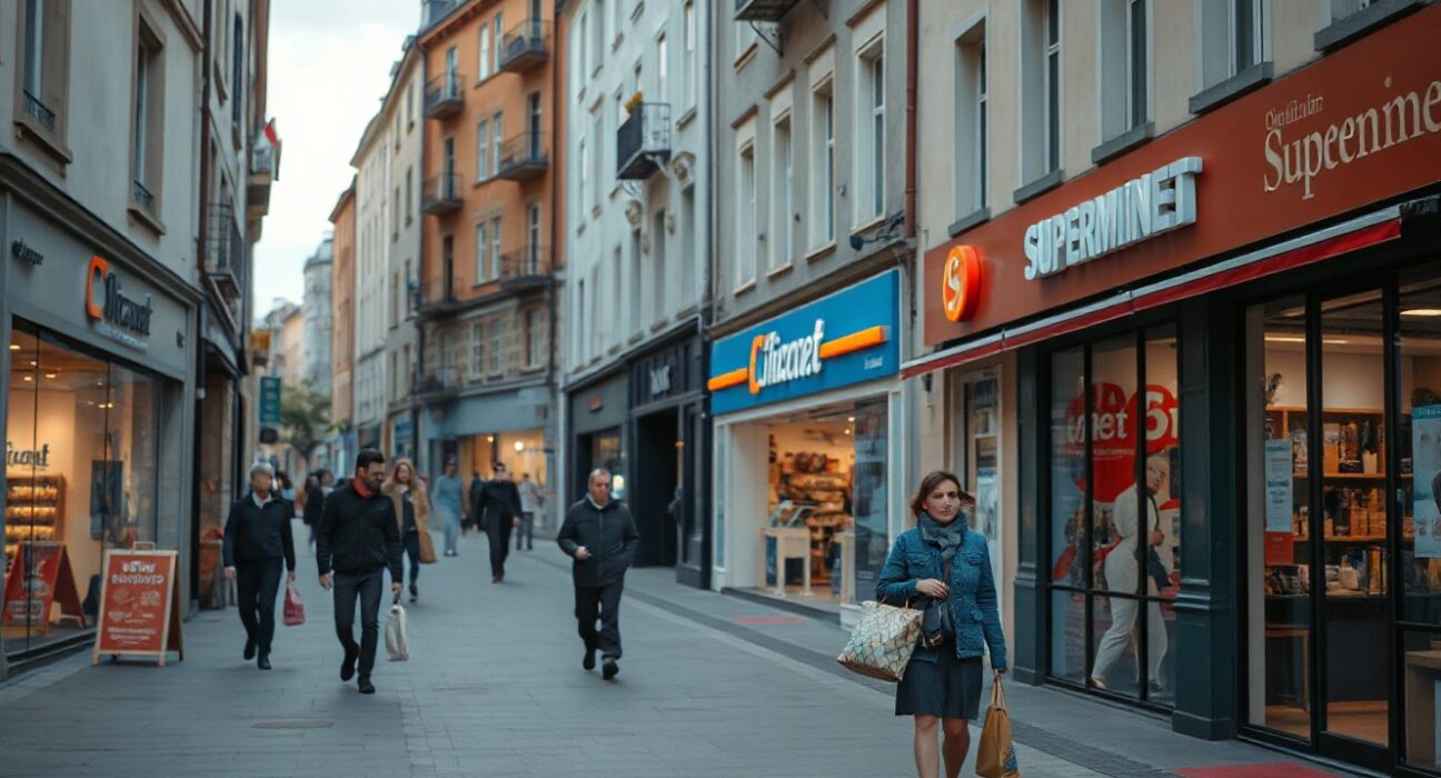 Shoppers walking on a European retail street with storefronts, reflecting subdued consumer activity in June.