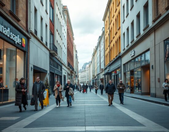 Shoppers walking on a European retail street with storefronts, reflecting subdued consumer activity in June.