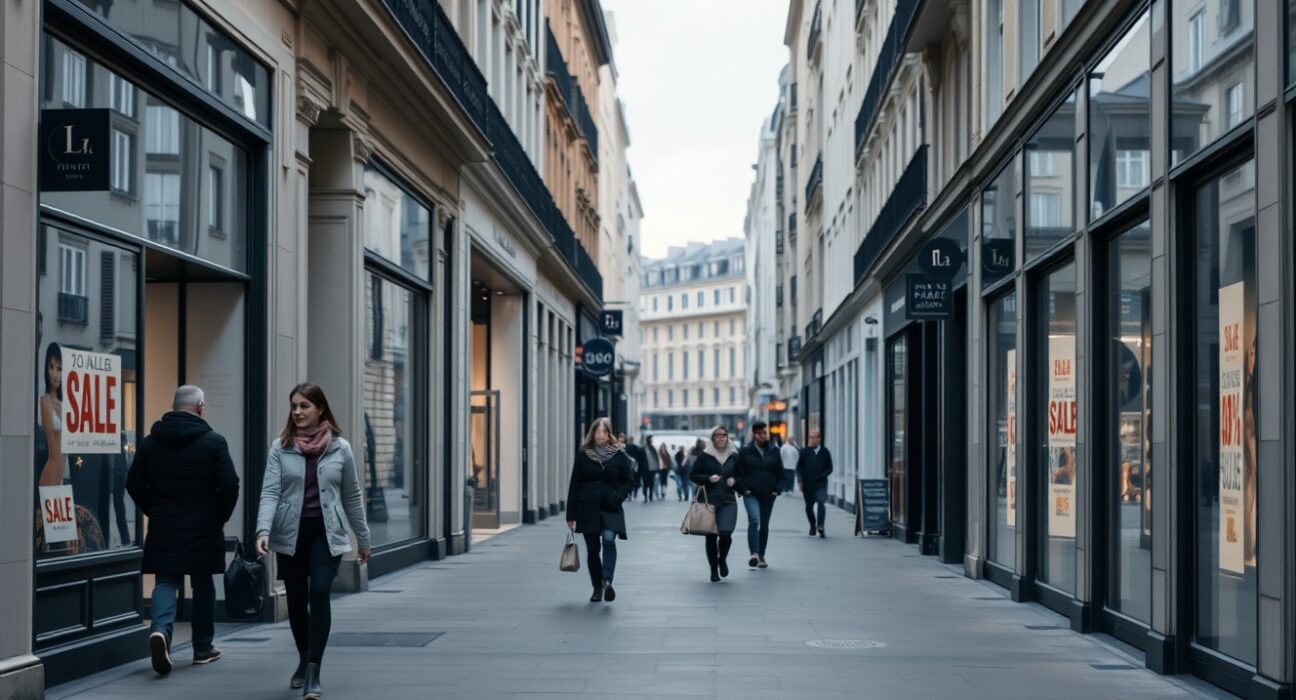 Quiet shopping street in a Eurozone city with moderate foot traffic and sale signs in windows