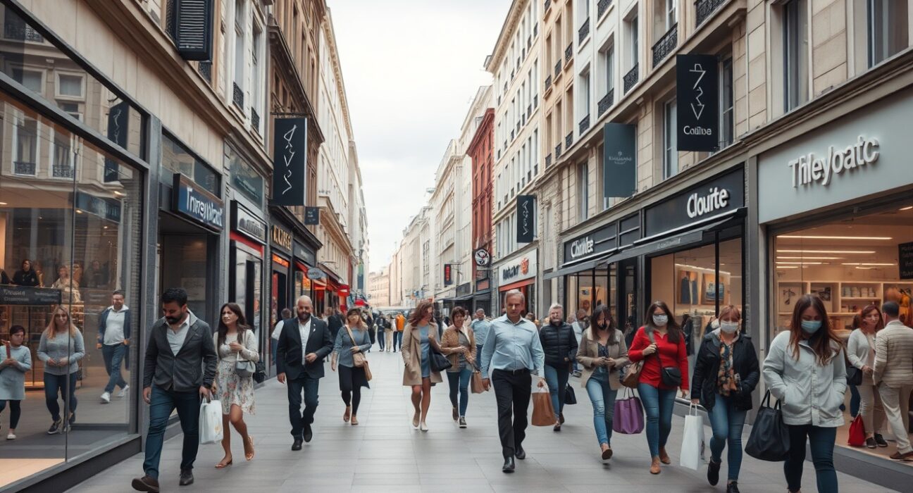 Shoppers on a busy European shopping street during daytime