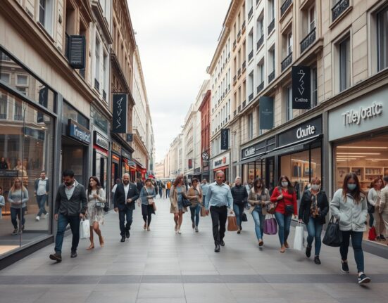 Shoppers on a busy European shopping street during daytime
