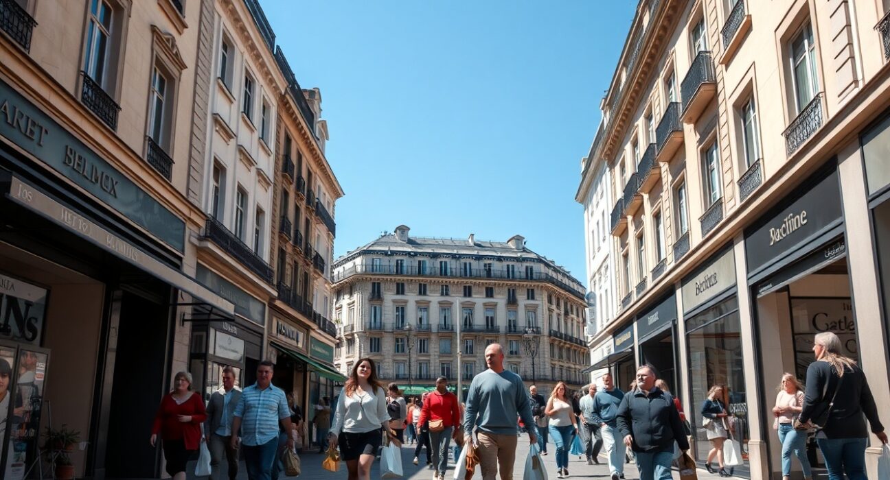 Shoppers on a busy European shopping street on a sunny day, representing retail activity in the Eurozone.