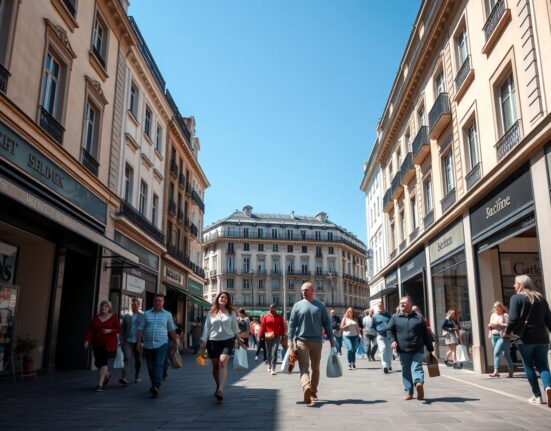 Shoppers on a busy European shopping street on a sunny day, representing retail activity in the Eurozone.