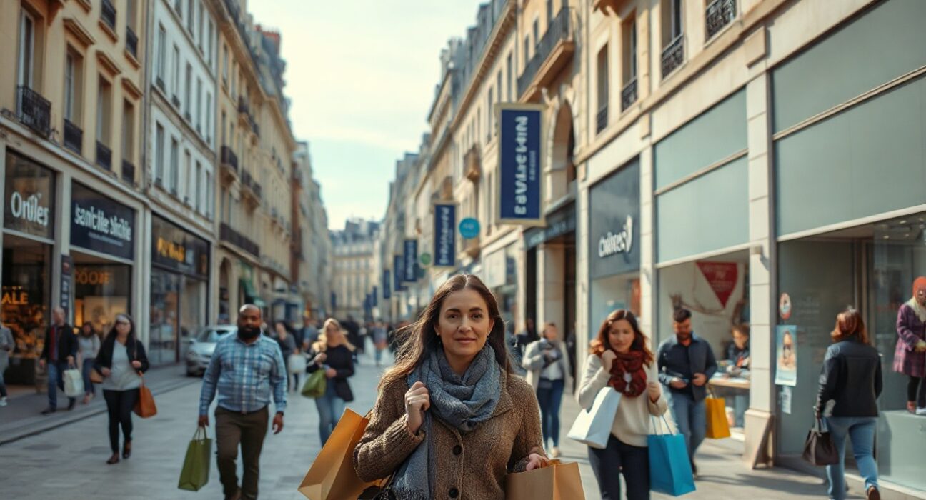 Shoppers walk along a European shopping street with storefronts and sale signs, reflecting retail activity.