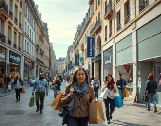 Shoppers walk along a European shopping street with storefronts and sale signs, reflecting retail activity.