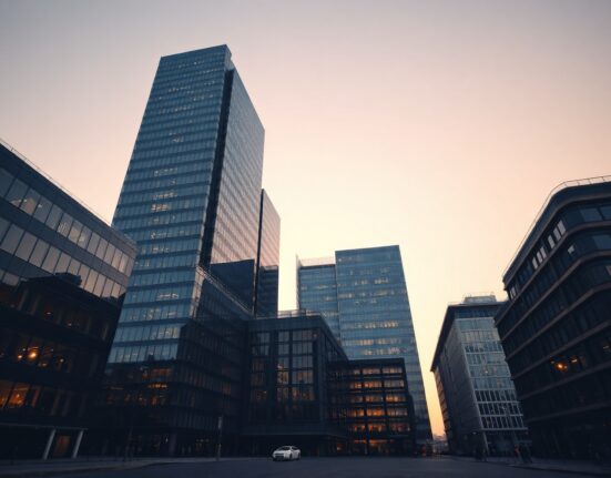 Eurozone financial district skyline at sunrise, symbolizing improving investor sentiment in August.