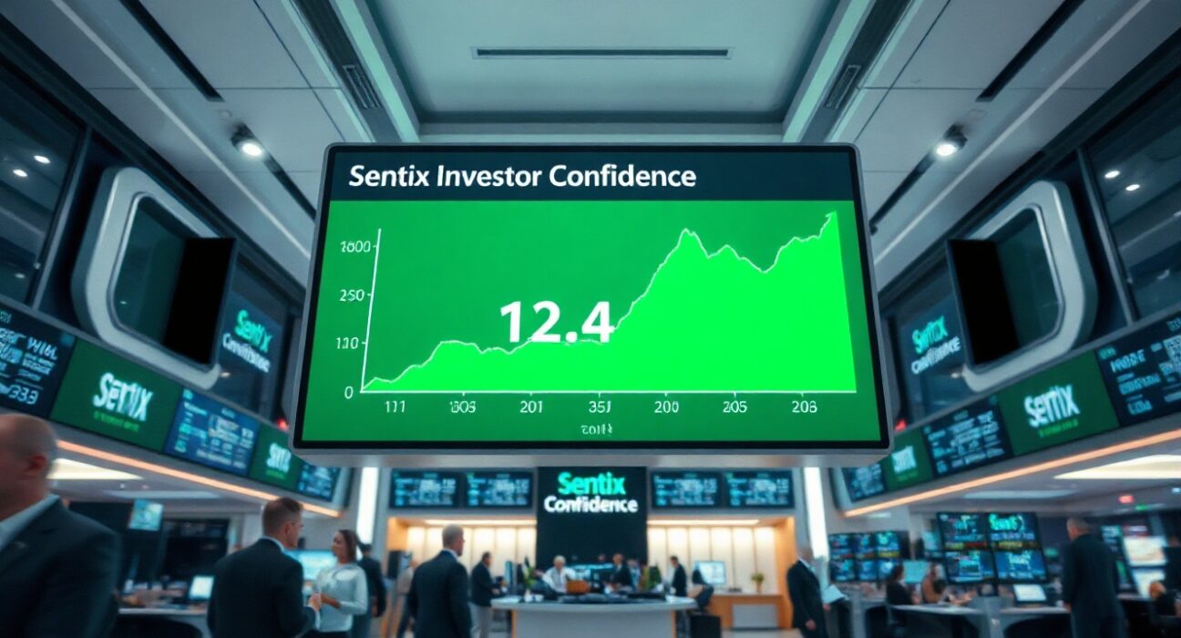 Digital display showing Sentix Investor Confidence index at -13.4 with an upward trend chart in a financial news studio