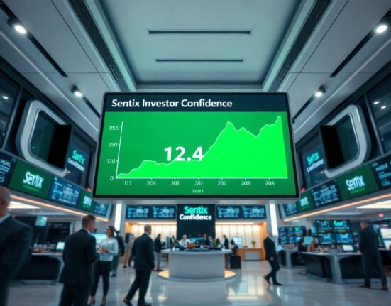 Digital display showing Sentix Investor Confidence index at -13.4 with an upward trend chart in a financial news studio