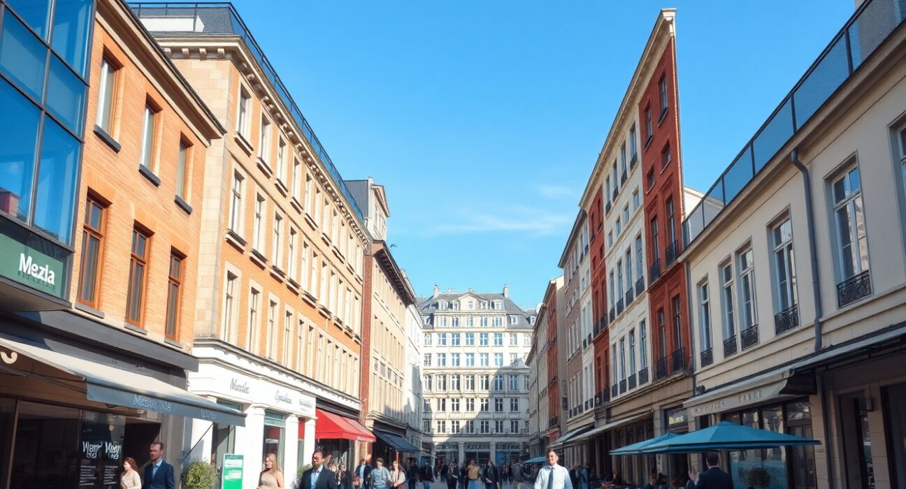 Busy European city street with cafes and office buildings, representing services sector activity.
