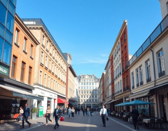 Busy European city street with cafes and office buildings, representing services sector activity.