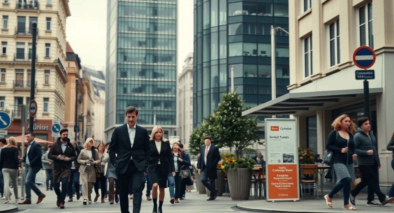 Busy European city street with professionals walking near office buildings on a cloudy day, representing economic activity.
