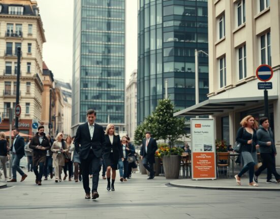 Busy European city street with professionals walking near office buildings on a cloudy day, representing economic activity.