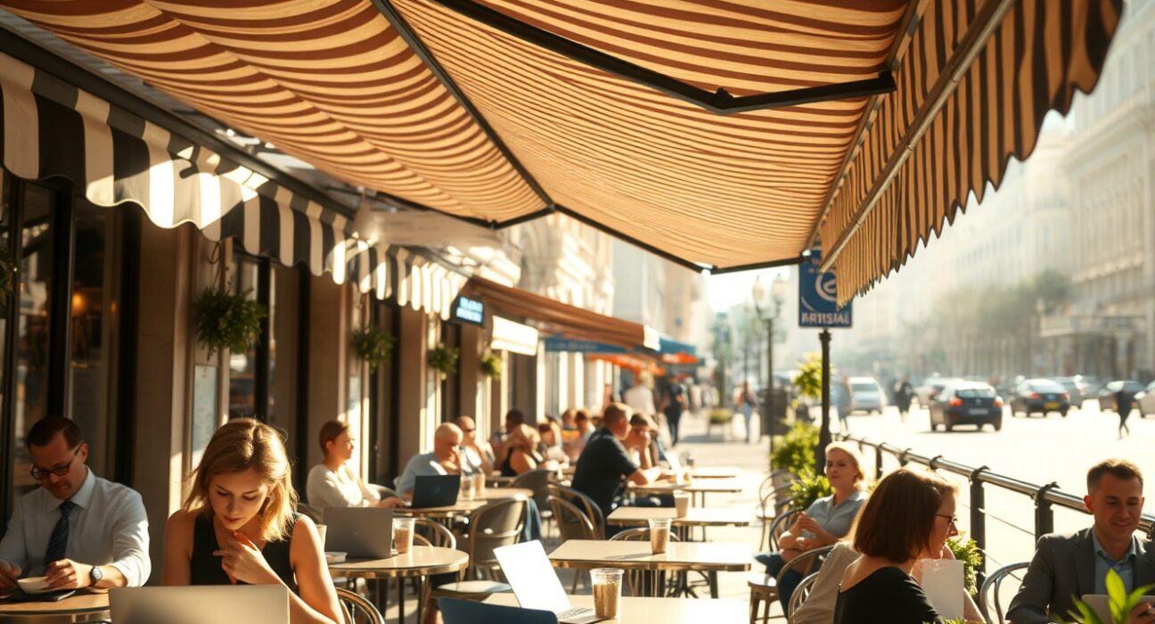 Busy outdoor café in a European city on a sunny July afternoon, reflecting positive services sector sentiment.