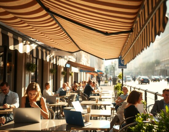 Busy outdoor café in a European city on a sunny July afternoon, reflecting positive services sector sentiment.