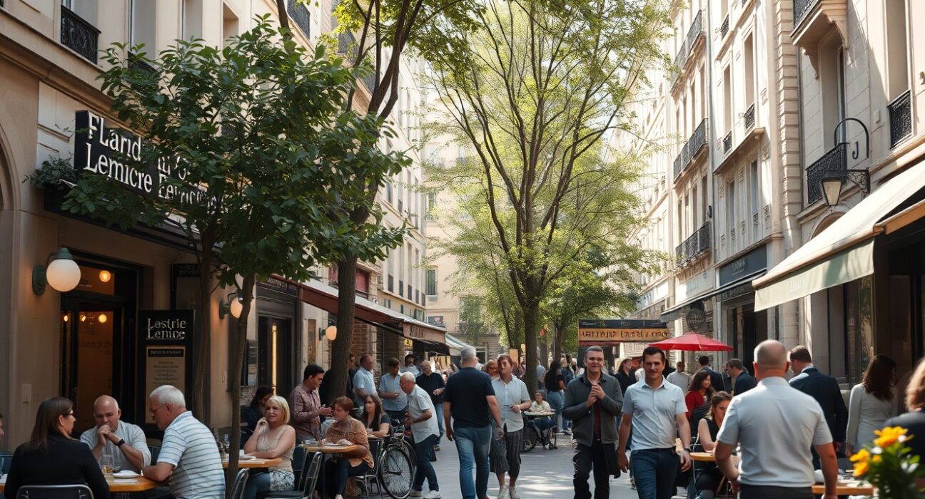 Busy outdoor café and shopping area in a European city on a sunny day, representing services sector activity