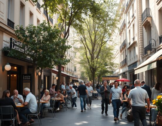 Busy outdoor café and shopping area in a European city on a sunny day, representing services sector activity