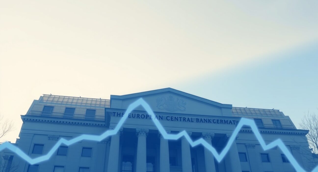 European Central Bank headquarters with a declining bond yield chart overlay