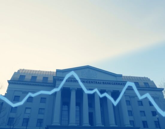 European Central Bank headquarters with a declining bond yield chart overlay