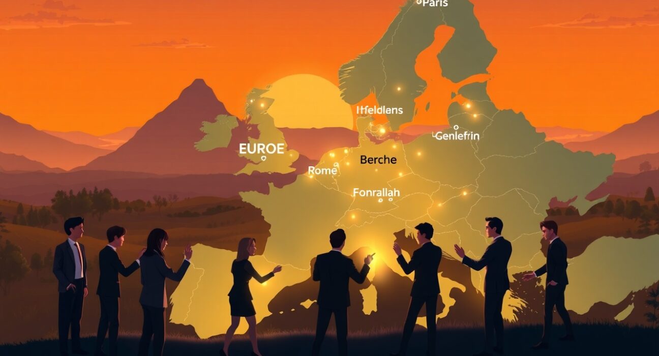 Eurozone single market plan visualized as a unified, interconnected map of Europe with collaborative leaders.