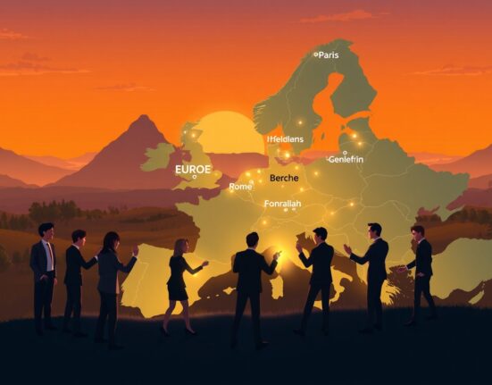 Eurozone single market plan visualized as a unified, interconnected map of Europe with collaborative leaders.