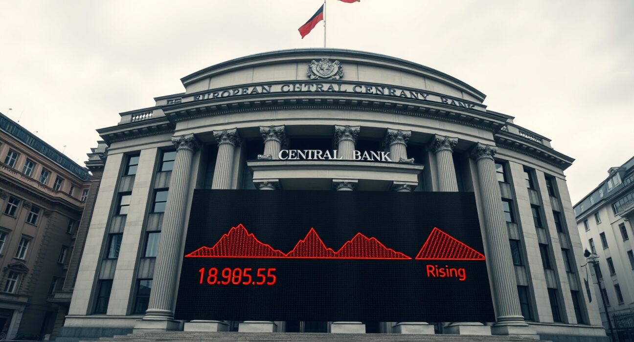 European Central Bank building with financial data display showing Eurozone stagflation risk indicators