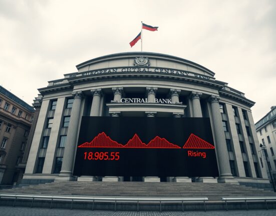 European Central Bank building with financial data display showing Eurozone stagflation risk indicators