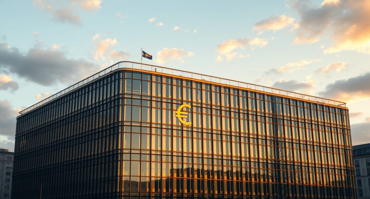 European Central Bank headquarters in Frankfurt at dawn, representing Eurozone economic strategy and policy shifts
