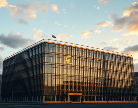 European Central Bank headquarters in Frankfurt at dawn, representing Eurozone economic strategy and policy shifts
