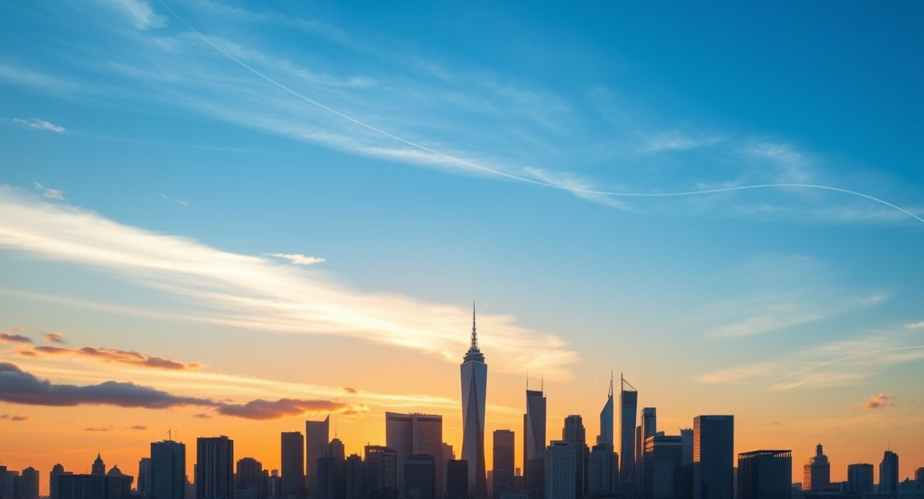 Eurozone city skyline at sunset representing economic resilience and structural shifts.