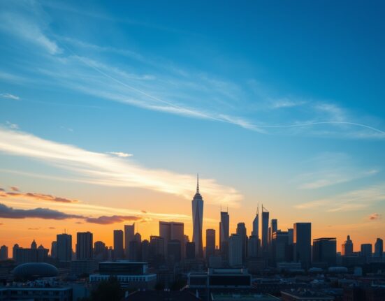 Eurozone city skyline at sunset representing economic resilience and structural shifts.