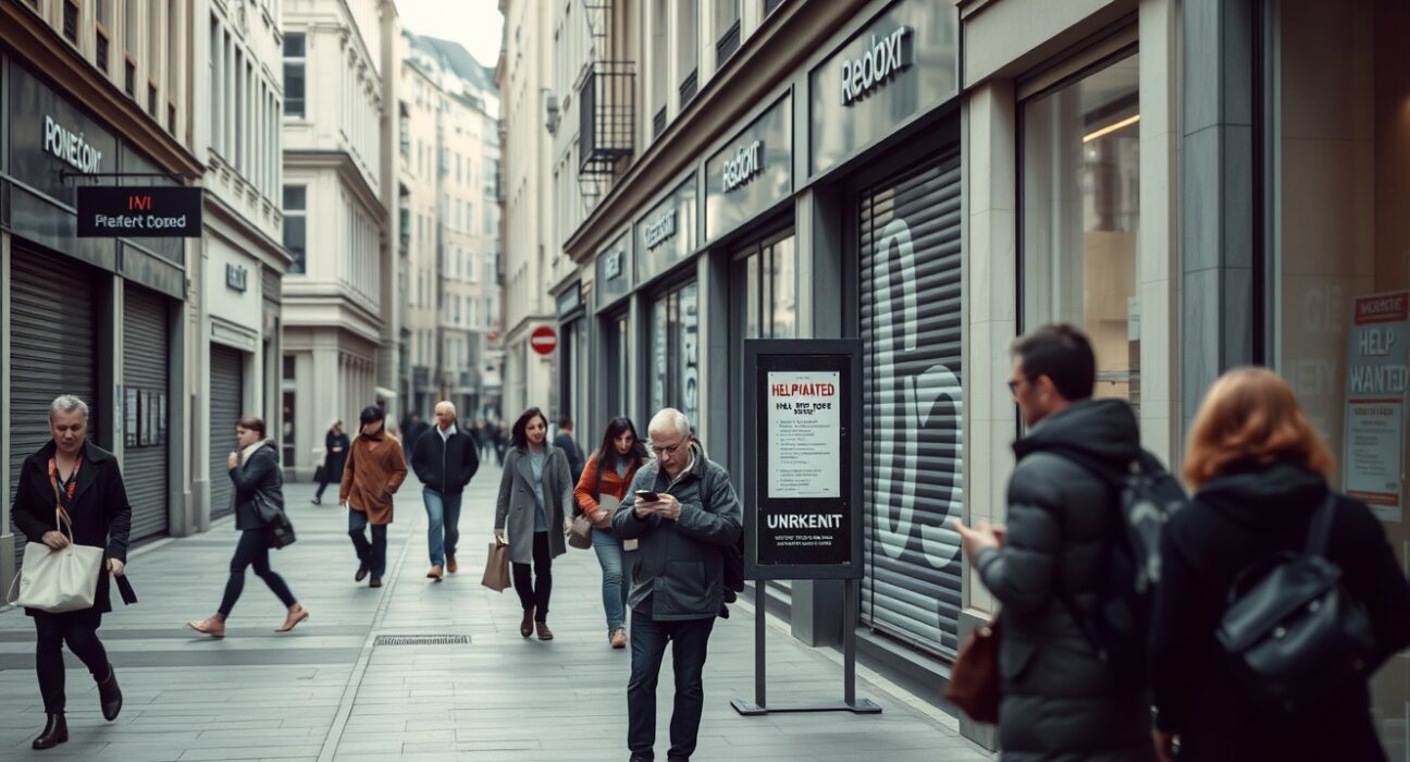 Unemployed person checking phone near storefronts in a European city, representing Eurozone labor market data.