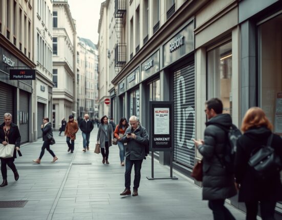 Unemployed person checking phone near storefronts in a European city, representing Eurozone labor market data.