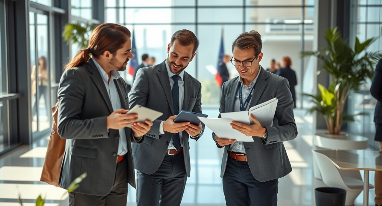 Job seekers and recruiters at a modern European employment fair, representing a strong labor market.