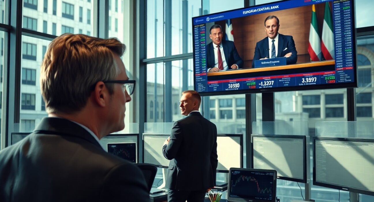 European bond trader monitors yield charts and ECB press conference in Frankfurt trading floor