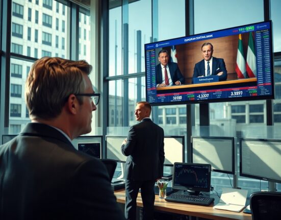 European bond trader monitors yield charts and ECB press conference in Frankfurt trading floor