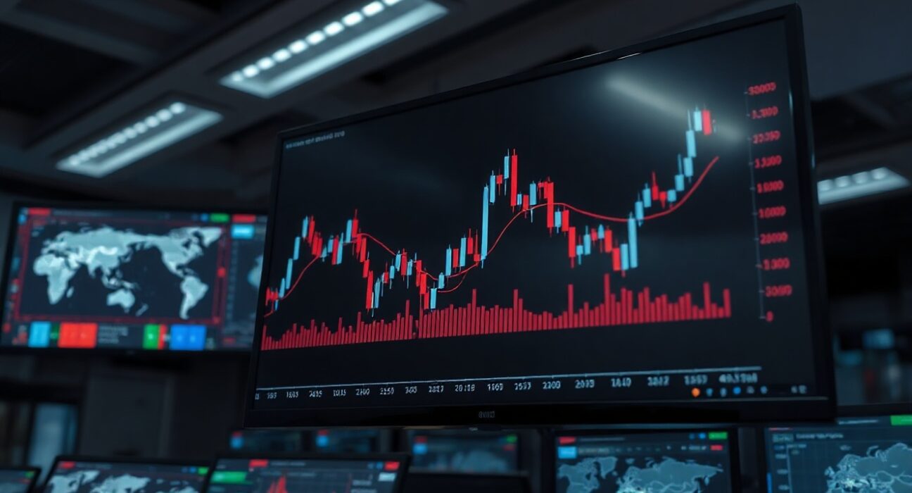 EUR/USD currency chart on a trading floor screen, illustrating market volatility and forecast analysis.